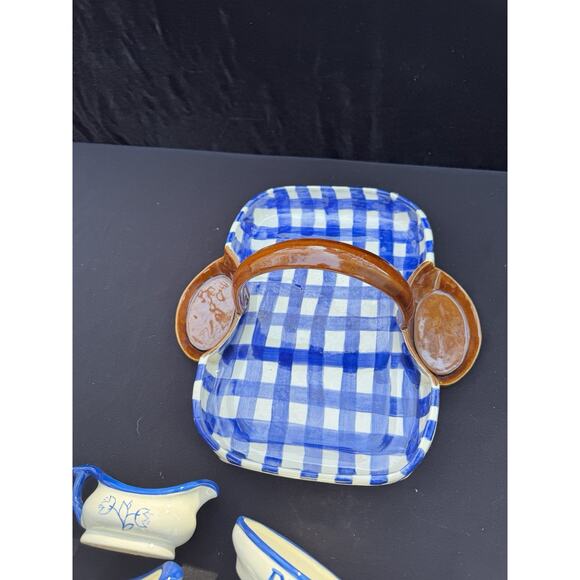 Vtg Picnic Basket Serving Tray With 2 Sauce 2 Dip Bowls Adorable Blue Check - Picture 5 of 12